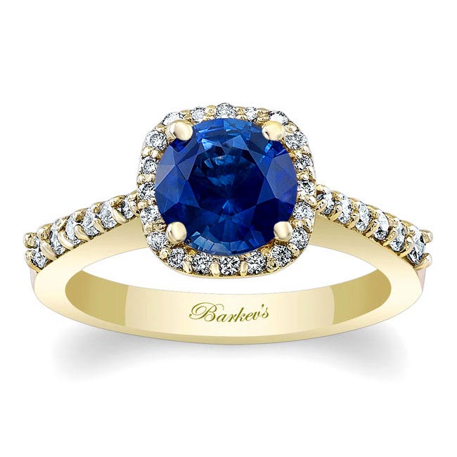 Yellow Gold Round Lab Grown Blue Sapphire And Diamond Halo Ring