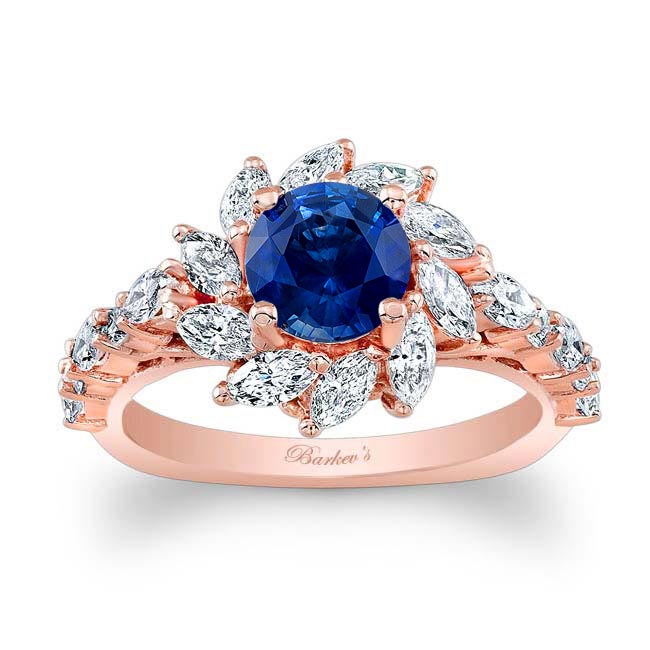 Rose Gold Blue Sapphire And Diamond Sunflower Engagement Ring