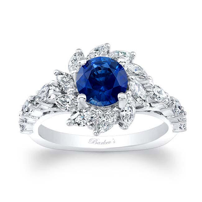 White Gold Blue Sapphire And Diamond Sunflower Engagement Ring