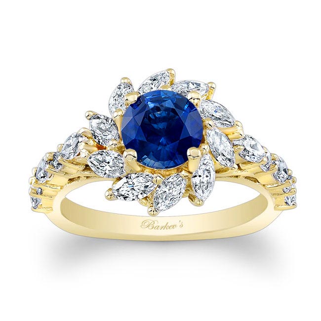 Yellow Gold Lab Blue Sapphire And Diamond Sunflower Engagement Ring