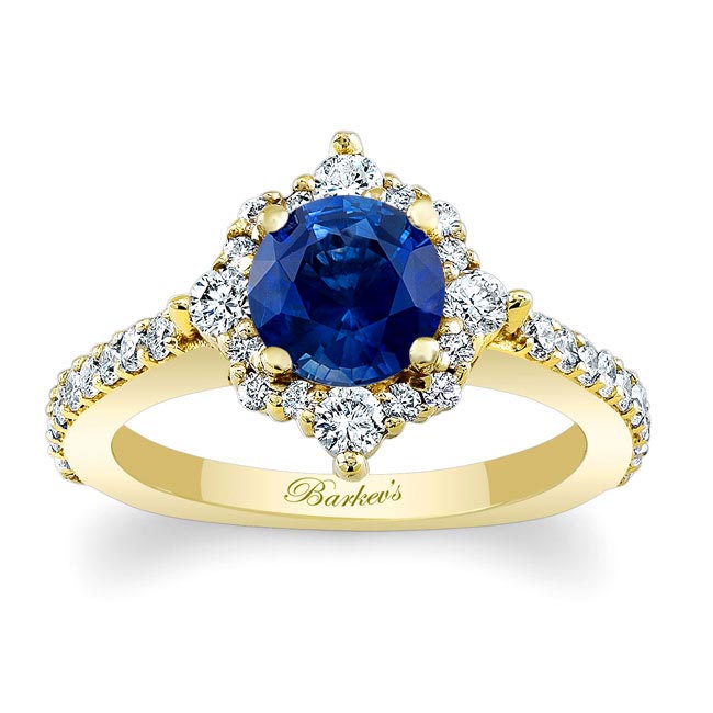 Yellow Gold Classic Halo Lab Blue Sapphire And Diamond Engagement Ring