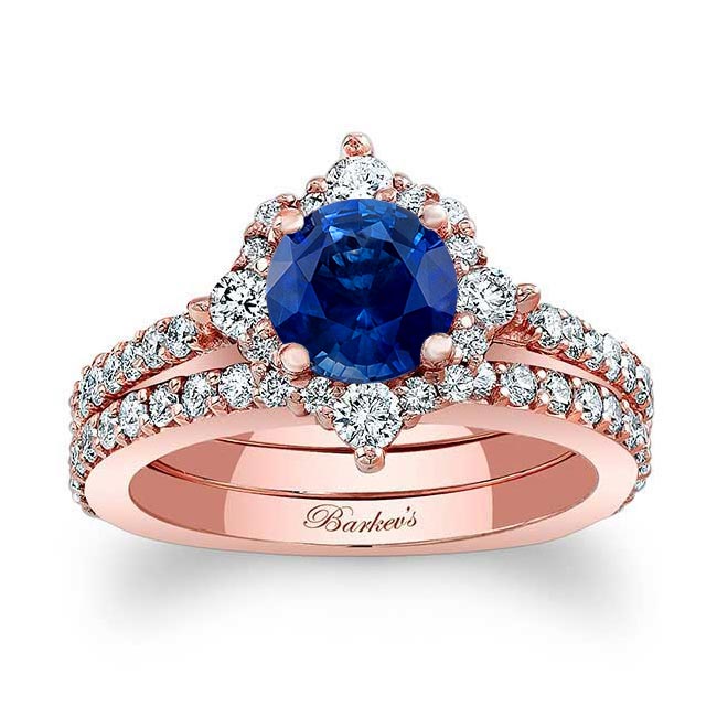 Rose Gold Classic Halo Blue Sapphire And Diamond Bridal Set