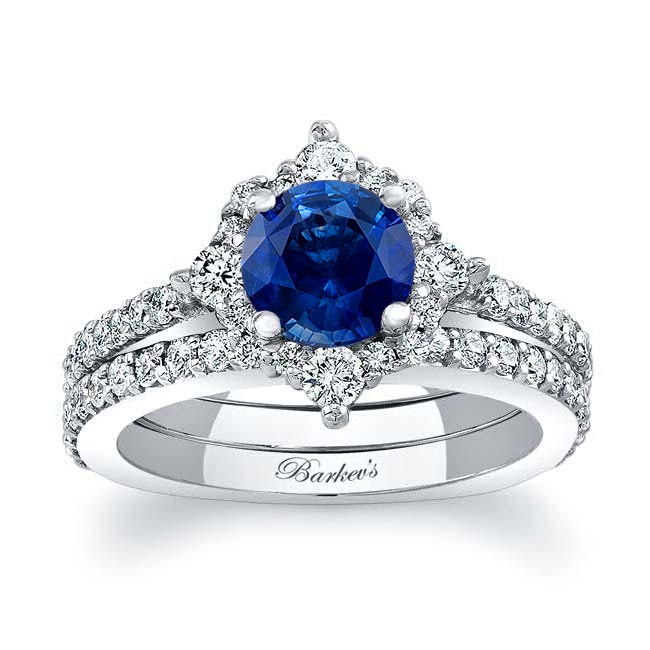 Platinum Classic Halo Blue Sapphire And Diamond Bridal Set