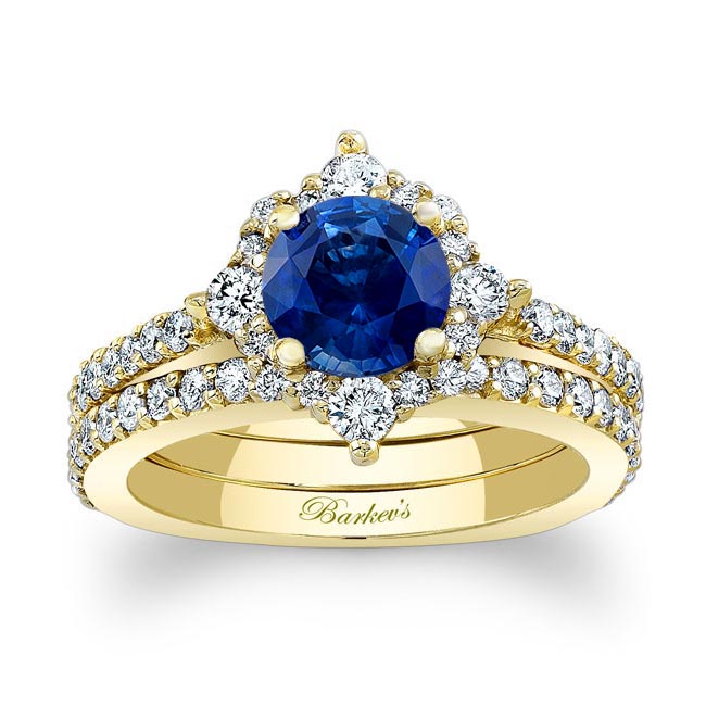 Yellow Gold Classic Halo Lab Blue Sapphire And Diamond Bridal Set