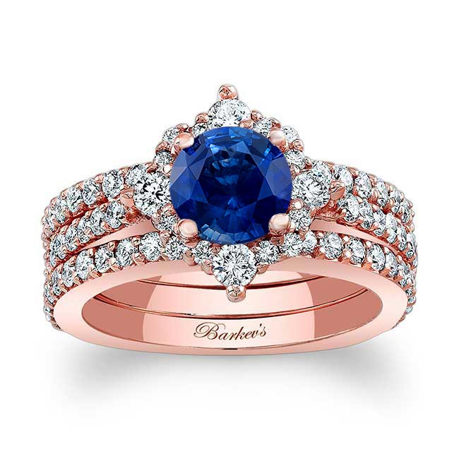 Rose Gold Classic Halo Lab Blue Sapphire And Diamond Bridal Set With 2 Bands
