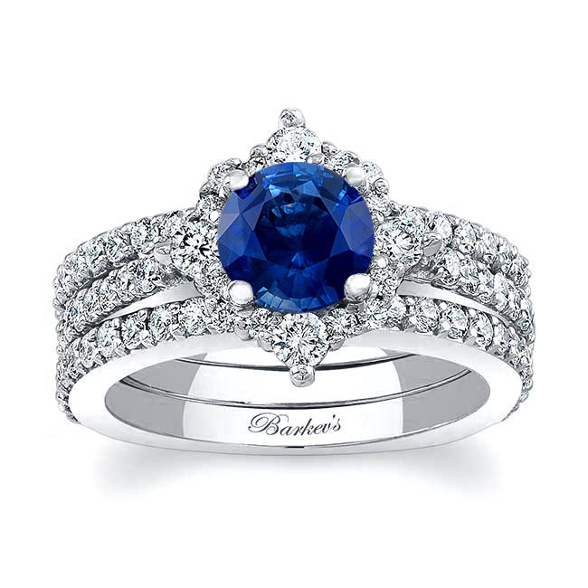 Classic Halo Blue Sapphire And Diamond Bridal Set With 2 Bands