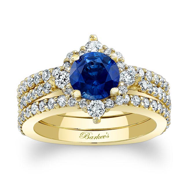 Yellow Gold Classic Halo Lab Blue Sapphire And Diamond Bridal Set With 2 Bands