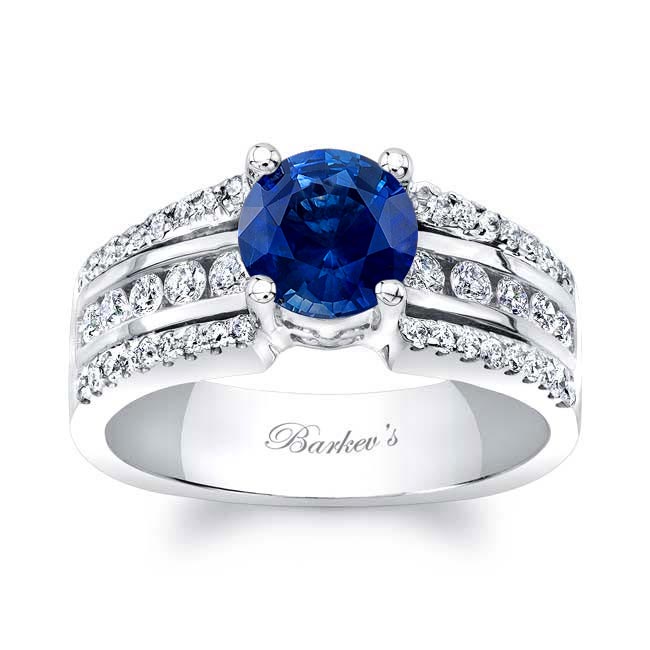Round Lab Blue Sapphire And Diamond Channel Set Engagement Ring