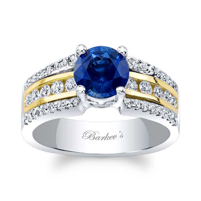White Yellow Gold Round Lab Blue Sapphire And Diamond Channel Set Engagement Ring
