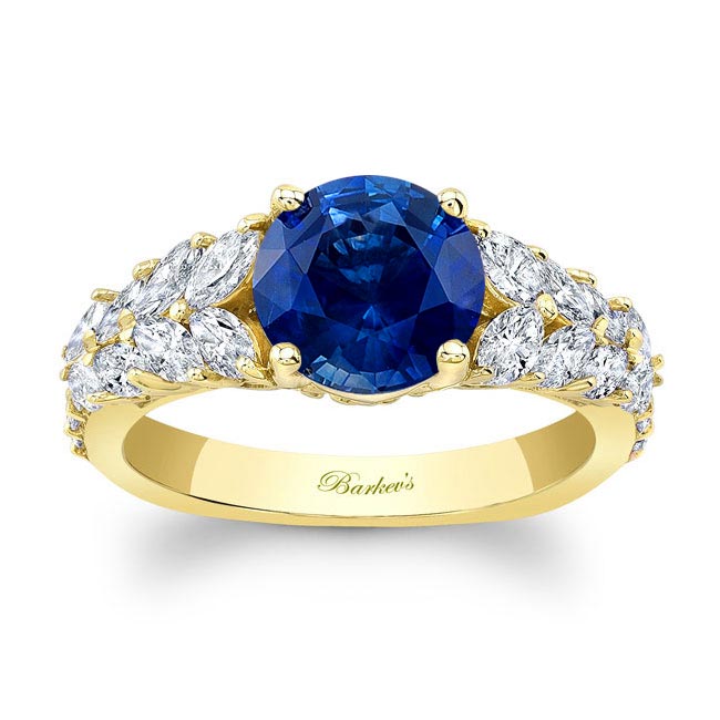 Yellow Gold 2 Carat Round Lab Blue Sapphire And Diamond Engagement Ring