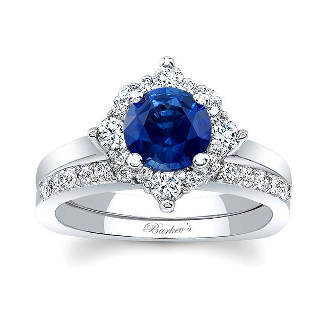 White Gold Round Halo Blue Sapphire And Diamond Bridal Set