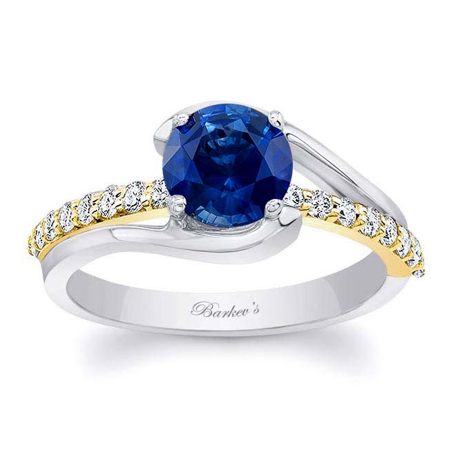 White Yellow Gold Simple 1 Carat Round Lab Blue Sapphire And Diamond Ring