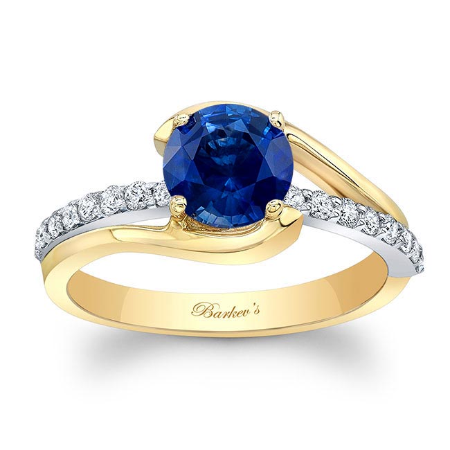 Yellow Gold Simple 1 Carat Round Lab Blue Sapphire And Diamond Ring
