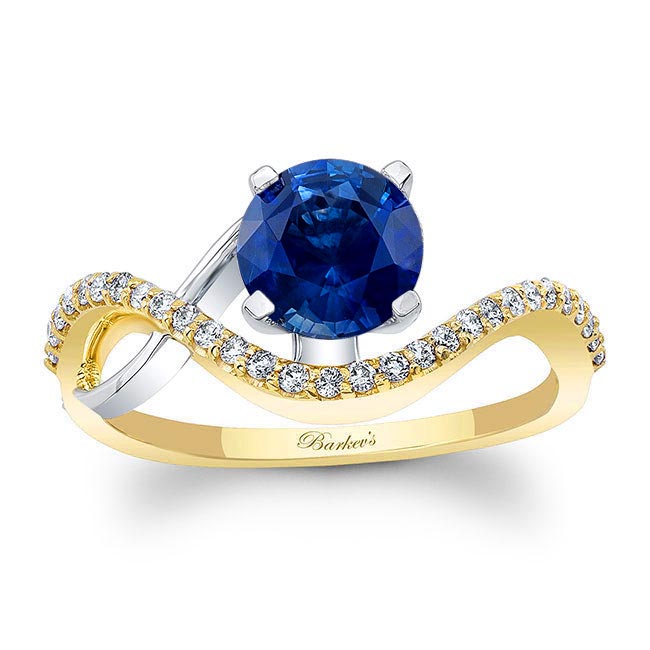 Yellow Gold Curved Lab Blue Sapphire And Diamond Wedding Ring
