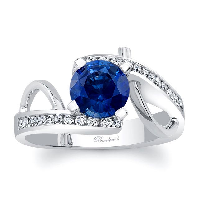 White Gold Curved Trim Blue Sapphire And Diamond Engagement Ring