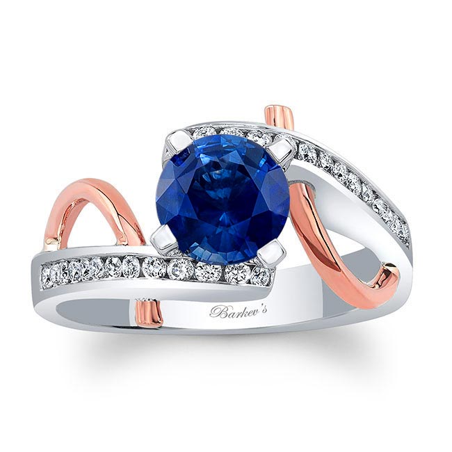 White Rose Gold Curved Trim Blue Sapphire And Diamond Engagement Ring