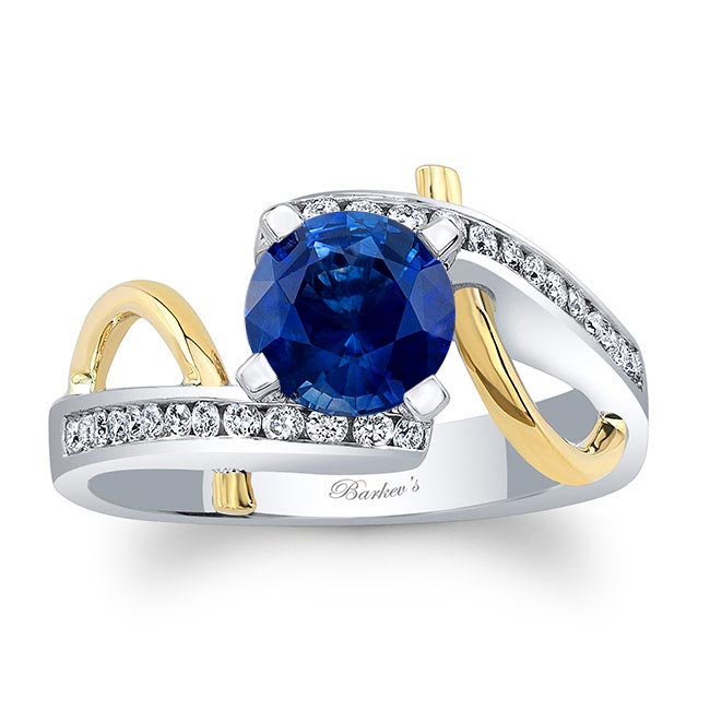 White Yellow Gold Curved Trim Blue Sapphire And Diamond Engagement Ring