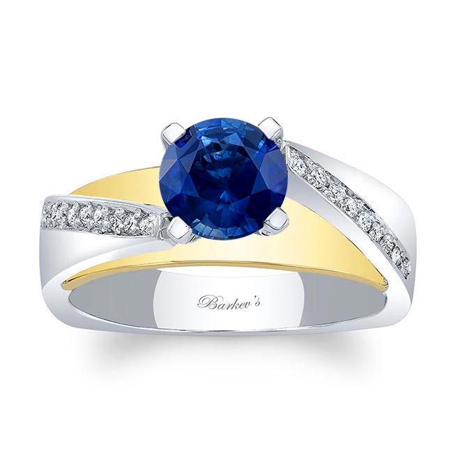 White Yellow Gold Split Shank Pave Blue Sapphire And Diamond Engagement Ring