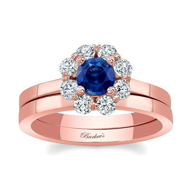 Rose Gold Halo Blue Sapphire And Diamond Solitaire Wedding Ring Set