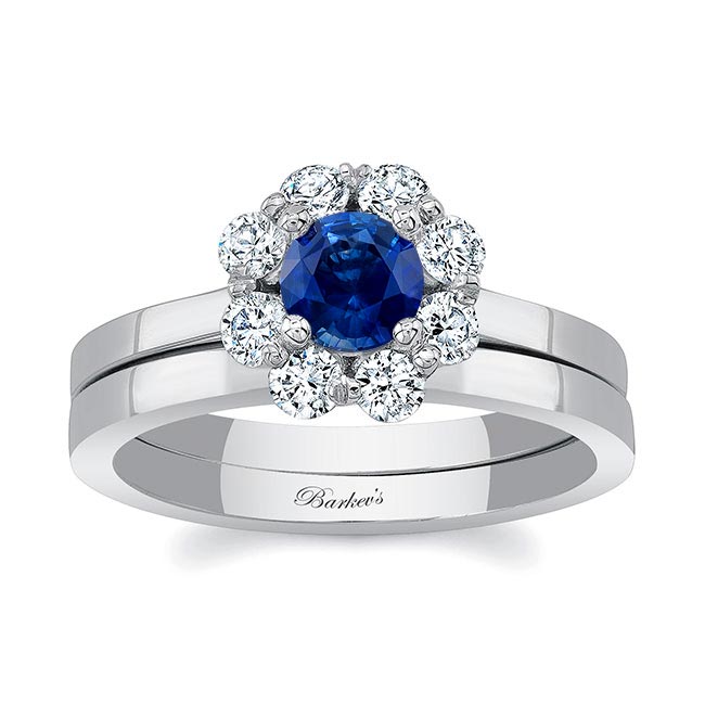 Halo Blue Sapphire And Diamond Solitaire Wedding Ring Set