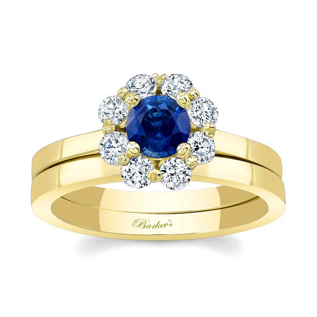 Yellow Gold Halo Blue Sapphire And Diamond Solitaire Wedding Ring Set