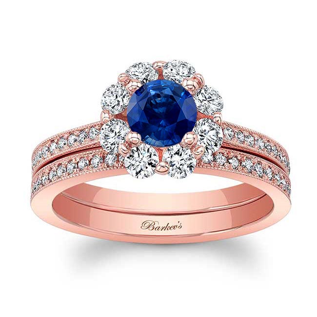 Rose Gold Halo Blue Sapphire And Diamond Ring Set