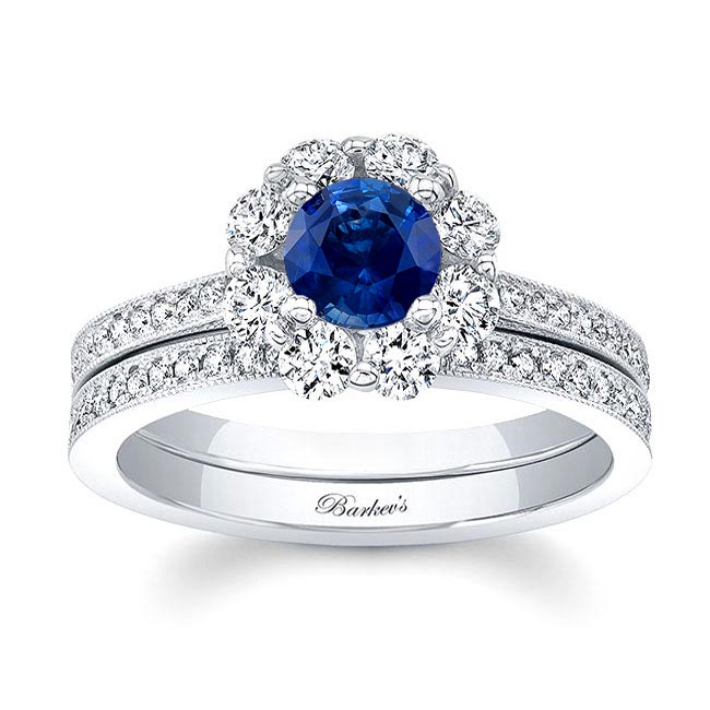 White Gold Halo Blue Sapphire And Diamond Ring Set