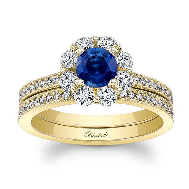 Yellow Gold Halo Blue Sapphire And Diamond Ring Set