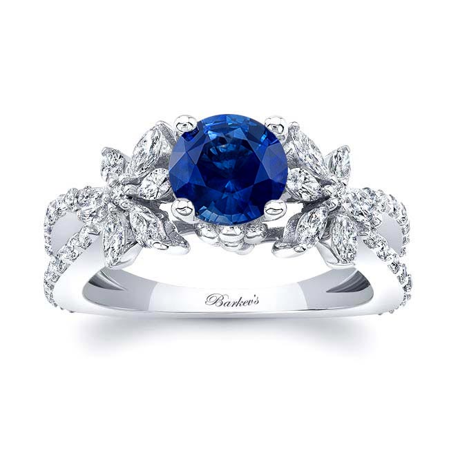 White Gold Lab Blue Sapphire And Diamond Flower Ring