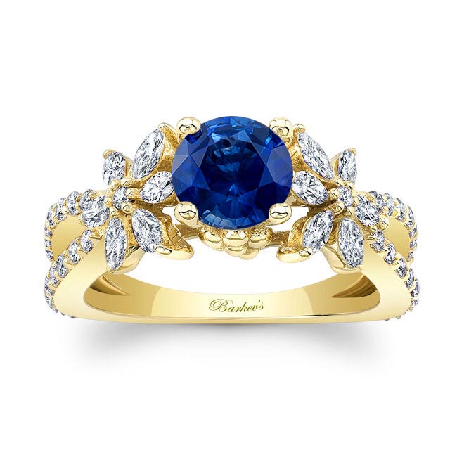 Yellow Gold Lab Blue Sapphire And Diamond Flower Ring