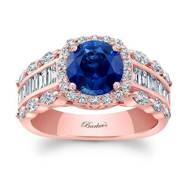 Rose Gold Blue Sapphire And Diamond Baguette Ring