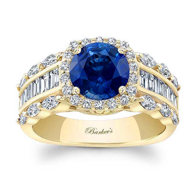Yellow Gold Lab Blue Sapphire And Diamond Baguette Ring