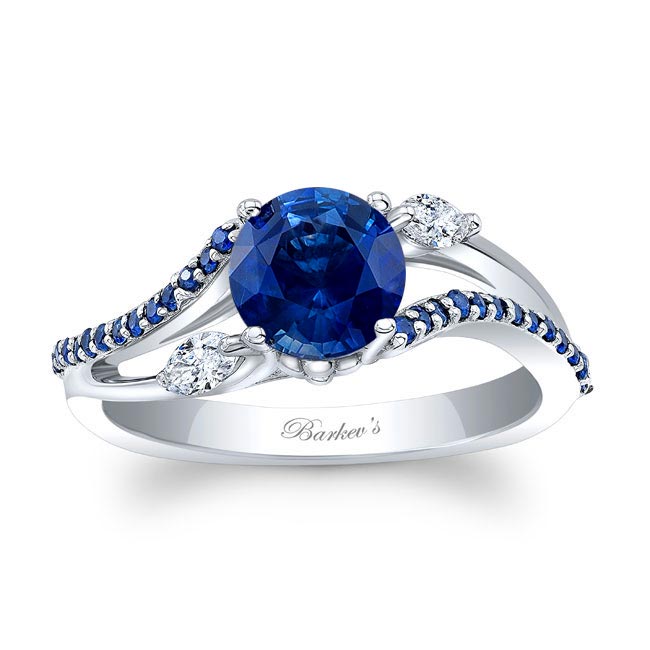 White Gold Curved Split Shank Blue Sapphire Ring