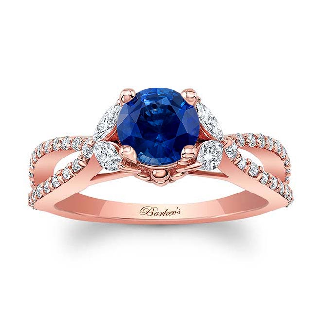 Rose Gold Lab Grown Blue Sapphire And Diamond Leaf Ring