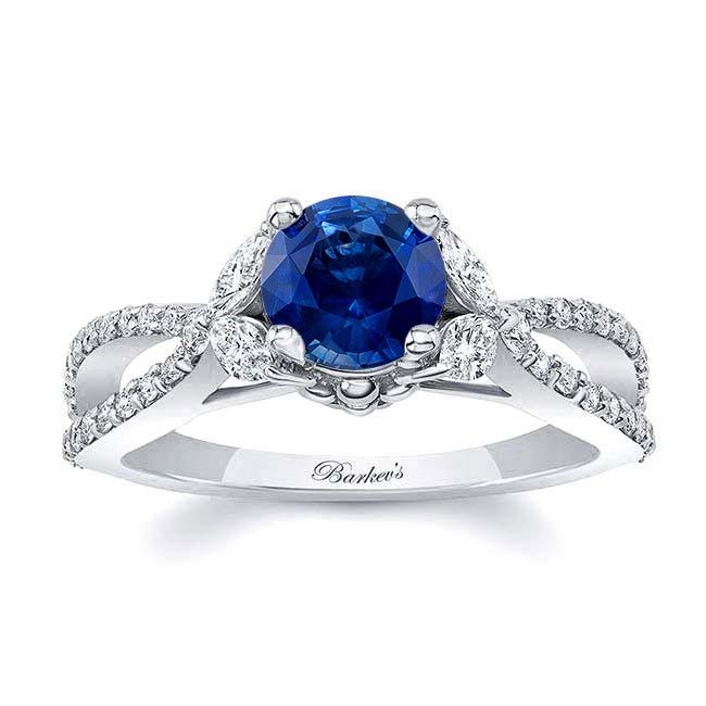 White Gold Blue Sapphire And Diamond Leaf Ring