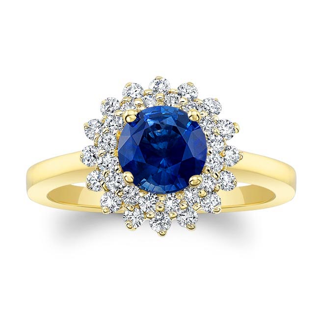 Yellow Gold Starburst Blue Sapphire And Diamond Ring