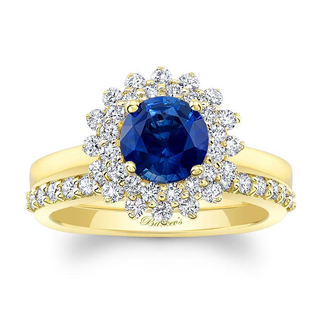 Yellow Gold Starburst Lab Blue Sapphire And Diamond Bridal Set