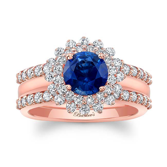 Rose Gold Starburst Lab Blue Sapphire And Diamond Bridal Set With Two Bands