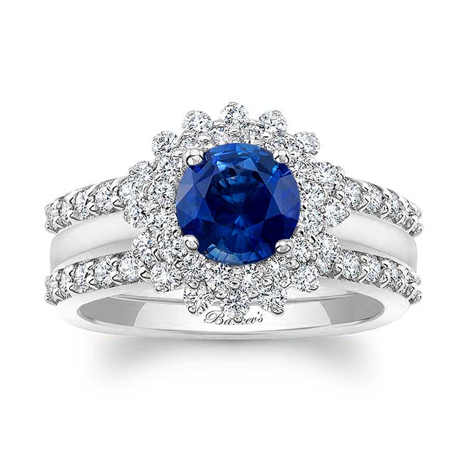 Starburst Blue Sapphire And Diamond Bridal Set With Two Bands