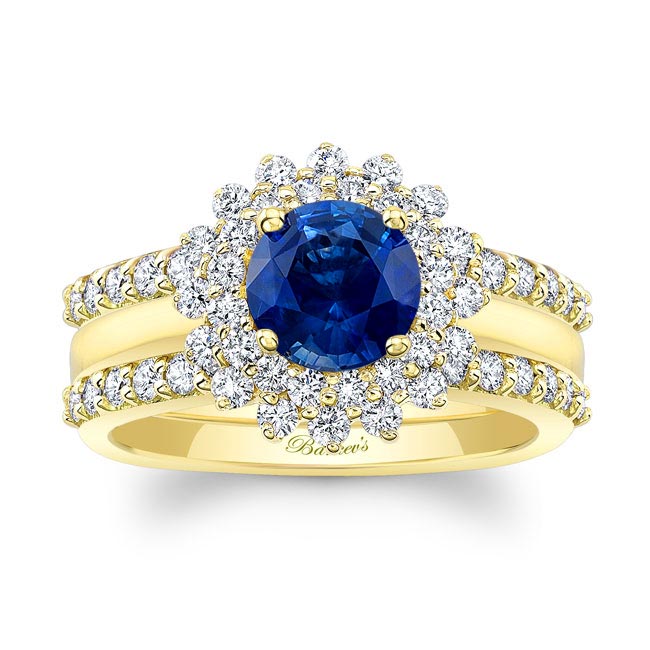 Yellow Gold Starburst Lab Blue Sapphire And Diamond Bridal Set With Two Bands