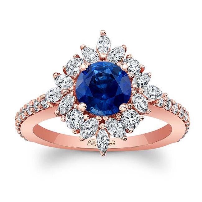 Rose Gold Marquise Halo Lab Blue Sapphire And Diamond Engagement Ring