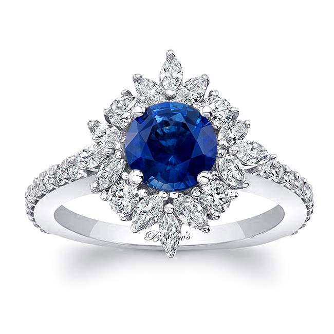 Marquise Halo Lab Blue Sapphire And Diamond Engagement Ring
