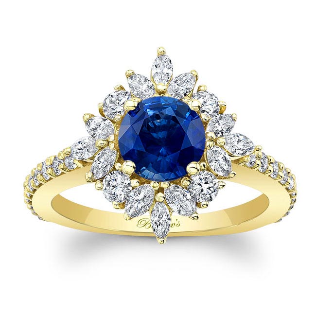 Yellow Gold Marquise Halo Lab Blue Sapphire And Diamond Engagement Ring