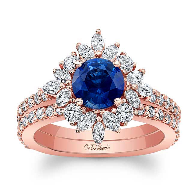 Rose Gold Marquise Halo Lab Blue Sapphire And Diamond Wedding Set
