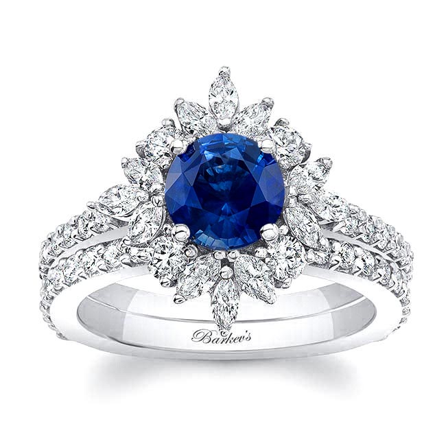 White Gold Marquise Halo Blue Sapphire And Diamond Wedding Set