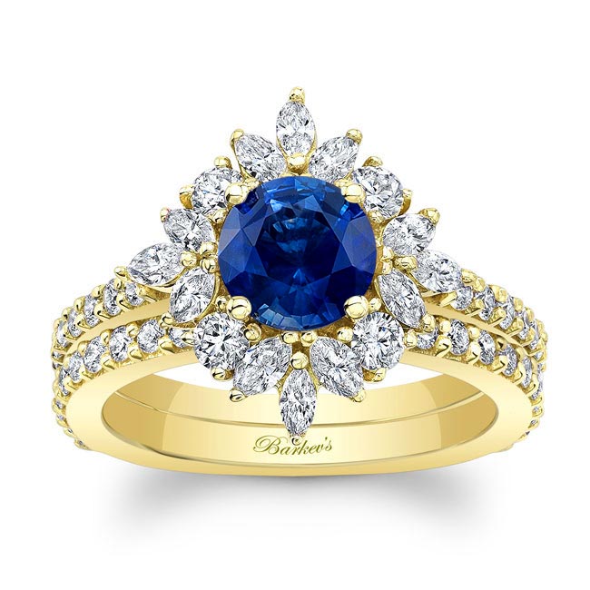 Yellow Gold Marquise Halo Lab Blue Sapphire And Diamond Wedding Set