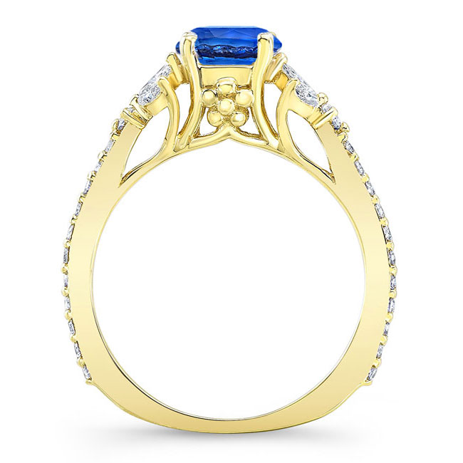 Yellow Gold Lab Blue Sapphire And Diamond Leaf Engagement Ring Image 2
