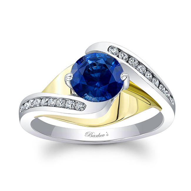 White Yellow Gold Split Shank Cathedral Blue Sapphire And Diamond Engagement Ring