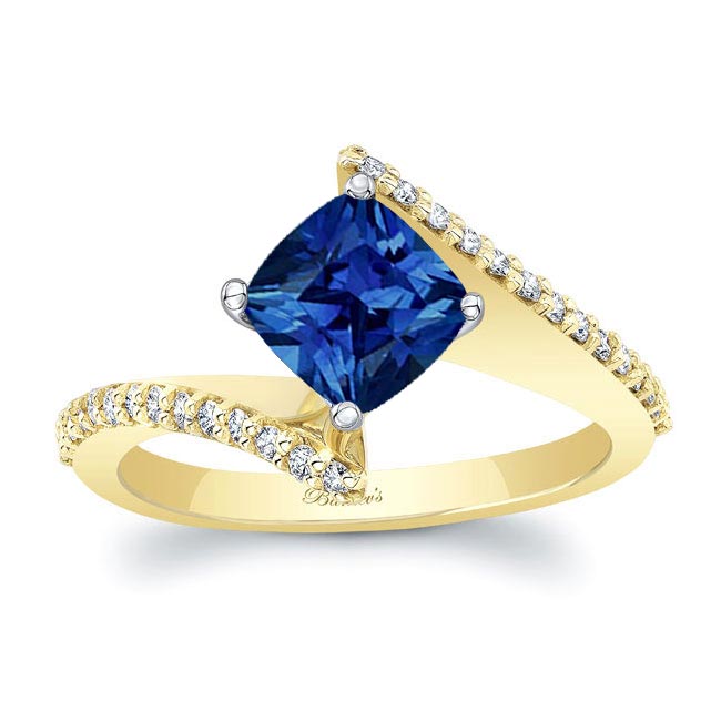 Yellow Gold Cushion Cut Blue Sapphire Bypass Ring