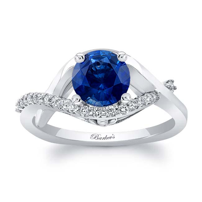White Gold Criss Cross Blue Sapphire And Diamond Engagement Ring